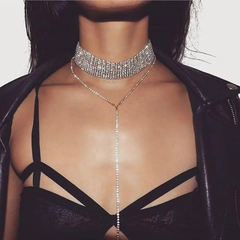 Rhinestone Choker Chain Drop Necklace